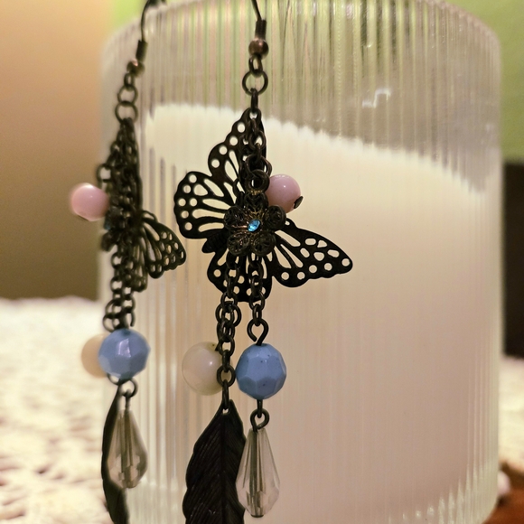 Maurices Antique-Style Butterfly Dangle Earrings in Pink & Blue - Picture 4 of 4